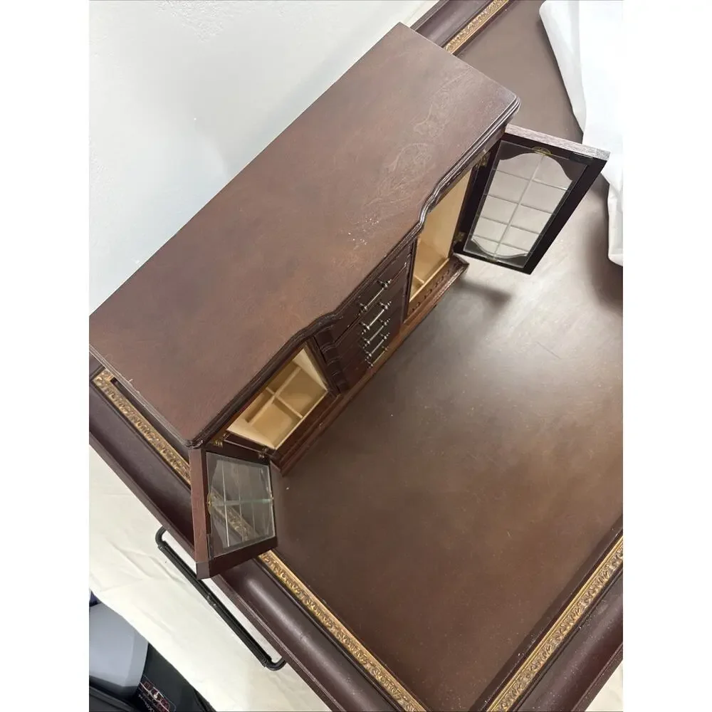 Vintage Dark Wooden Jewelry Box Armoire 2 Doors With Mirrors & 5 Drawers
